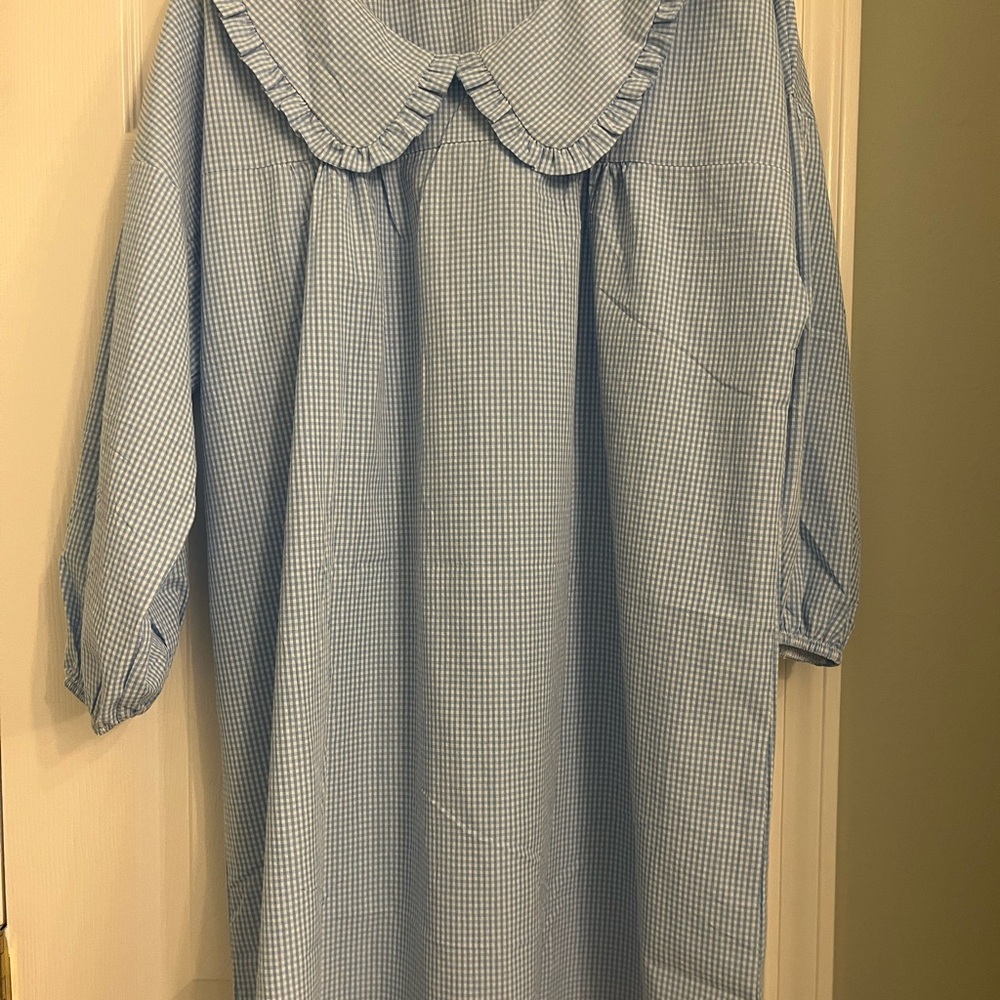 Blue Gingham Babydoll Dress with Ruffled Lapel Collar XL NWT